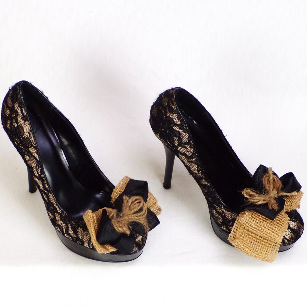 DELICIOUS size 8.5M SUMO-S black/tan ultra-high-heel platform party pumps